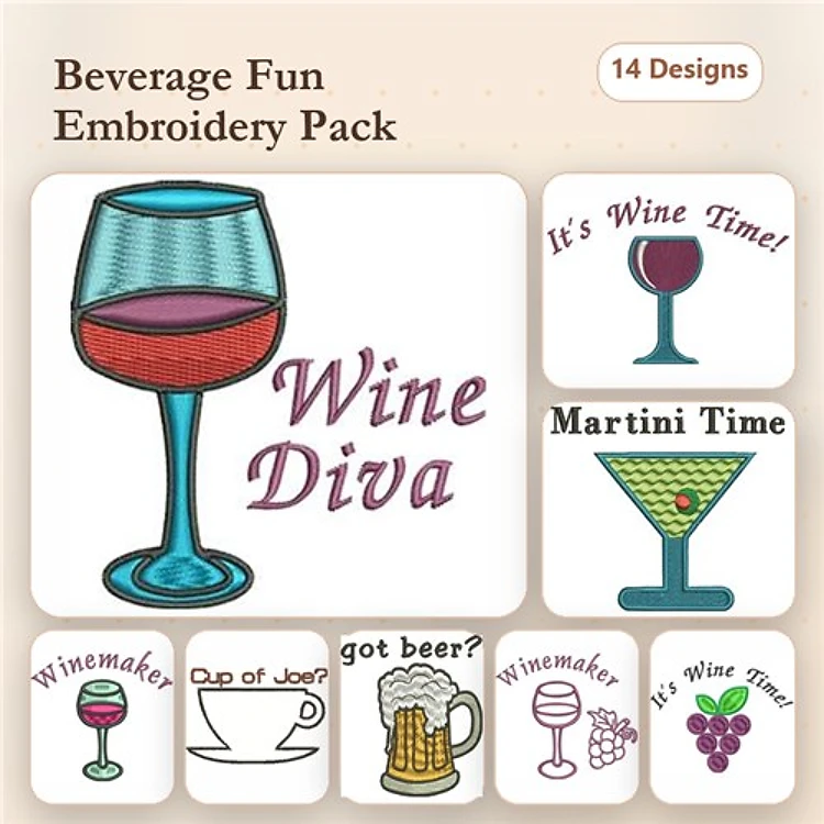 Beverage Themes Embroidery Designs Bundle – Wine Diva, It's Wine Time, Martini Time & More (14 Designs)