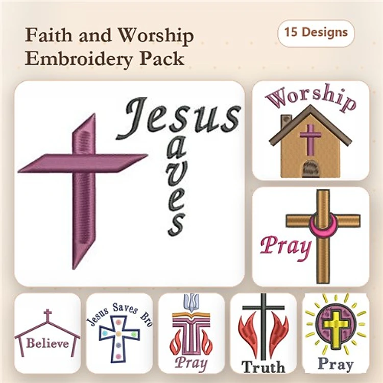 Faith & Worship Embroidery Designs Bundle – Jesus Saves Cross, Worship Cross, Pray Text & More (15 Designs)