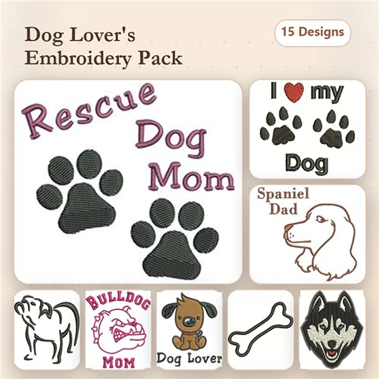 Dog Breed Embroidery Bundle – Lhasa Apso & Bulldog (15 Designs)