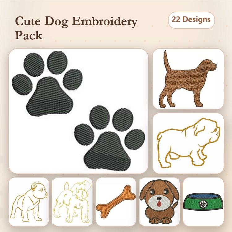 Husky Dog & Brown Dog Embroidery Bundle – Paw Prints & Dog Bowl (22 Designs)