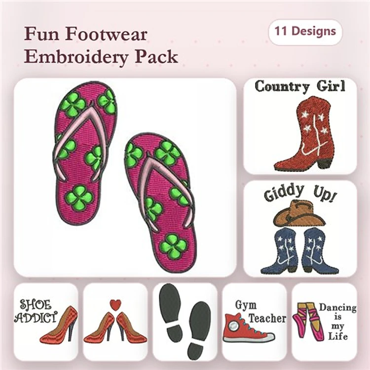 Footwear Embroidery Designs Bundle – Flip Flops with Shamrocks, Cowgirl Boots, High Heels & More (11 Designs)