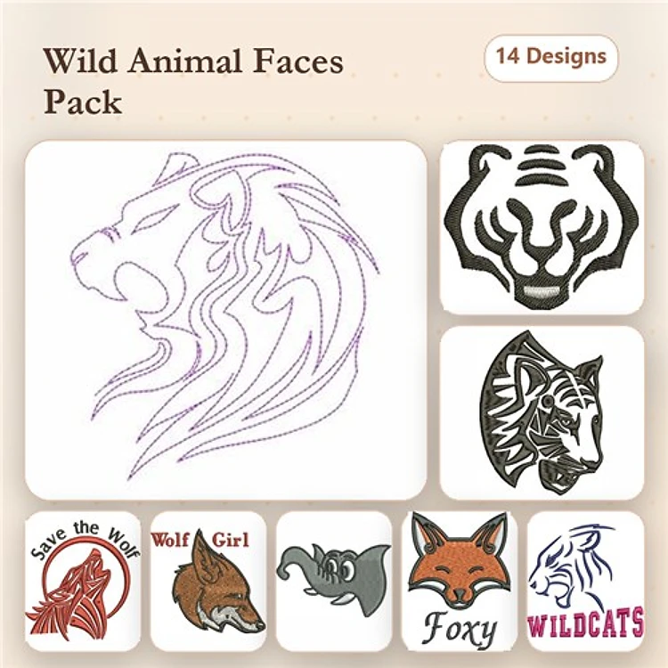 Wolf, Polar Bear & Elephant Embroidery Bundle – Animal Heads (6 Designs)