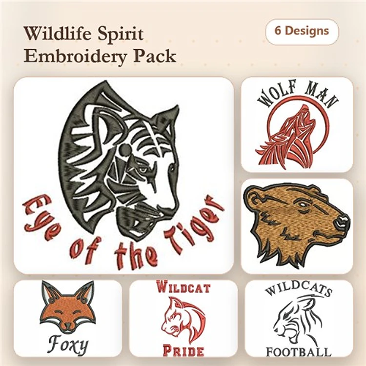 Tiger, Wolf, Bear & Fox Embroidery Bundle – Sports and Mascots (6 Designs)