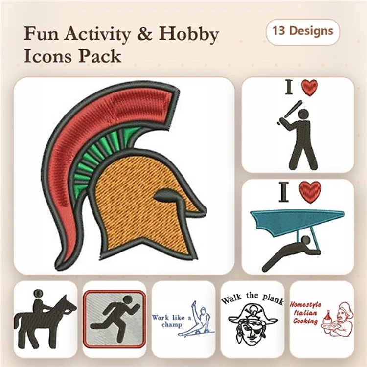 Activity and Hobby Icons Embroidery Designs Bundle – Spartan Helmet, I Love Baseball, Horse Riding & More (13 Designs)
