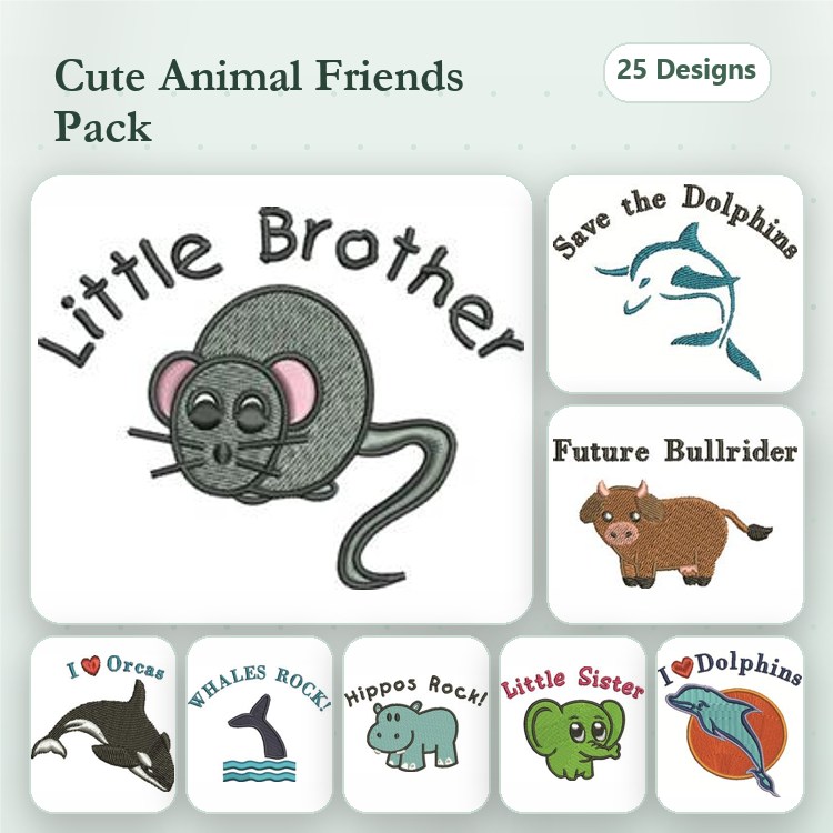 Cute Animal Embroidery Designs Bundle – Little Brother Mouse, Save the Dolphins, Future Bullrider & More (25 Designs)