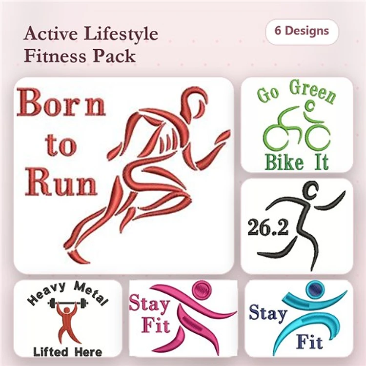 Fitness & Active Lifestyle Embroidery Designs Bundle – Born to Run, Go Green Bike It, Heavy Metal Lifted Here & More (6 Designs)