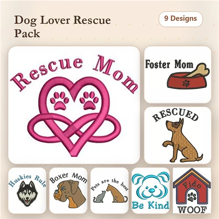 Dog Rescue & Foster Mom Embroidery Bundle – Heart, Dog Bowl & More (9 Designs)