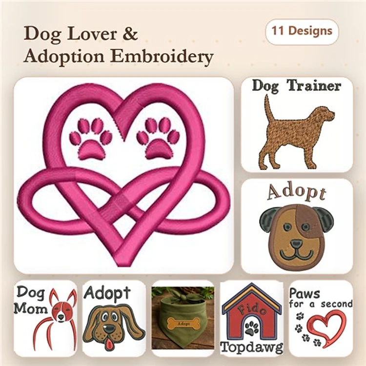 Dog Adoption Embroidery Bundle – Rescue Dog & Dog Mom (11 Designs)