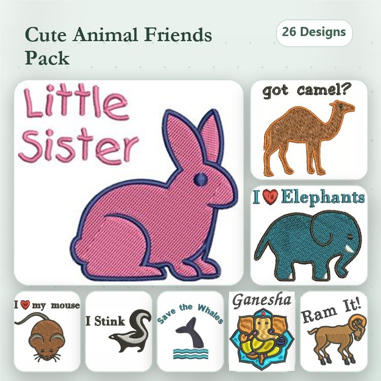Cute Animal Embroidery Designs Bundle – Little Sister, I Love Elephants, Save the Whales & More (26 Designs)