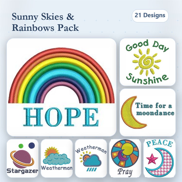 Rainbow & Sunshine Embroidery Designs Bundle – Hope, Good Day, Stargazer & More (21 Designs)