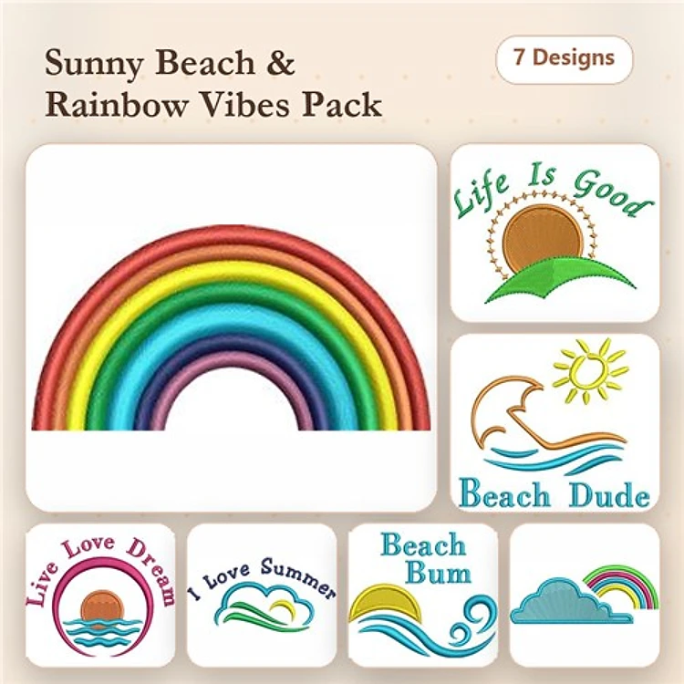 Summer Beach and Rainbow Embroidery Designs Bundle – Rainbow, Life Is Good, Beach Dude & More (7 Designs)