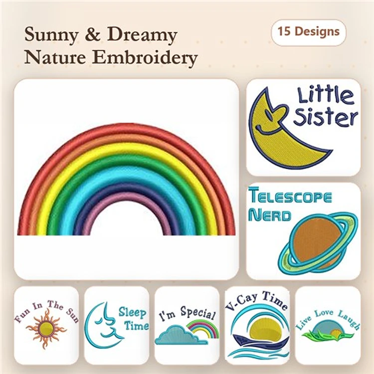 Sunny Nature Embroidery Designs Bundle – Rainbow, Little Sister, Telescope Nerd & More (15 Designs)