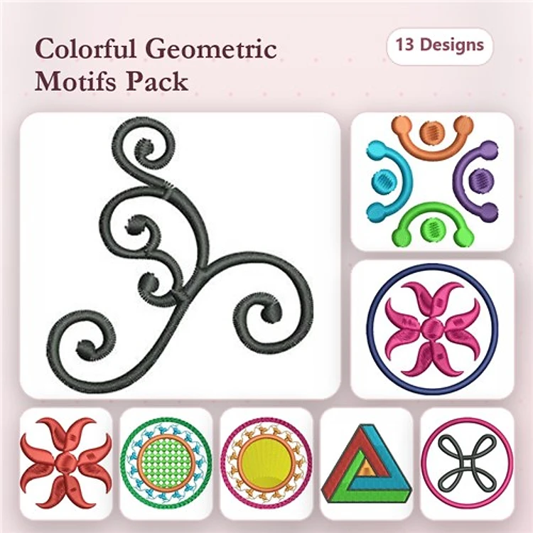 Colorful Geometric Motifs Embroidery Designs Bundle – Spiral Motif, Colorful Flower, Abstract Shape & More (13 Designs)
