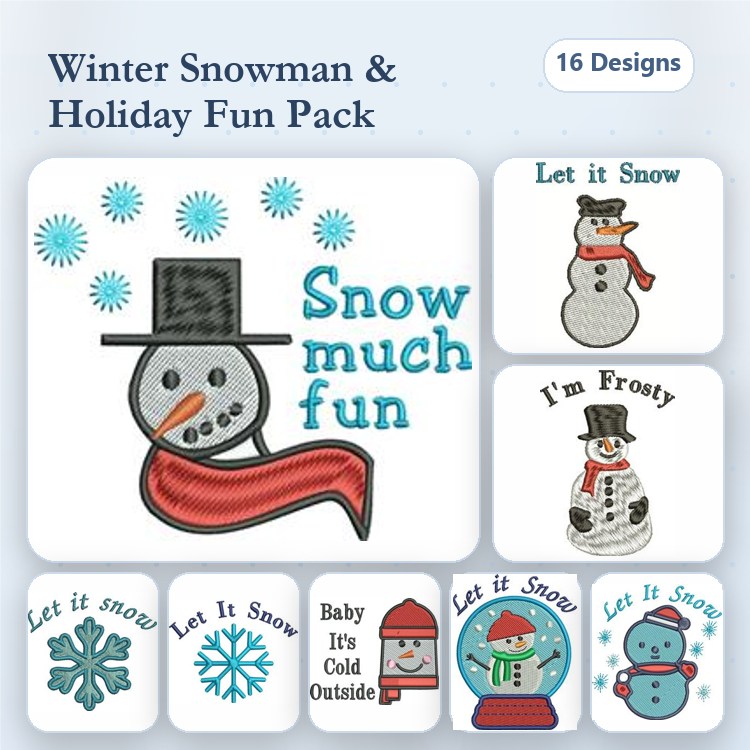 Winter Snowman Embroidery Bundle – Snowman with Red Scarf, Let it Snow Snowflake, I'm Frosty Snowman & More (16 Designs)