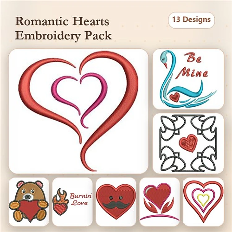 Romantic Heart Embroidery Bundle – Two Hearts, Swan with Heart, Be Mine Heart & More (13 Designs)