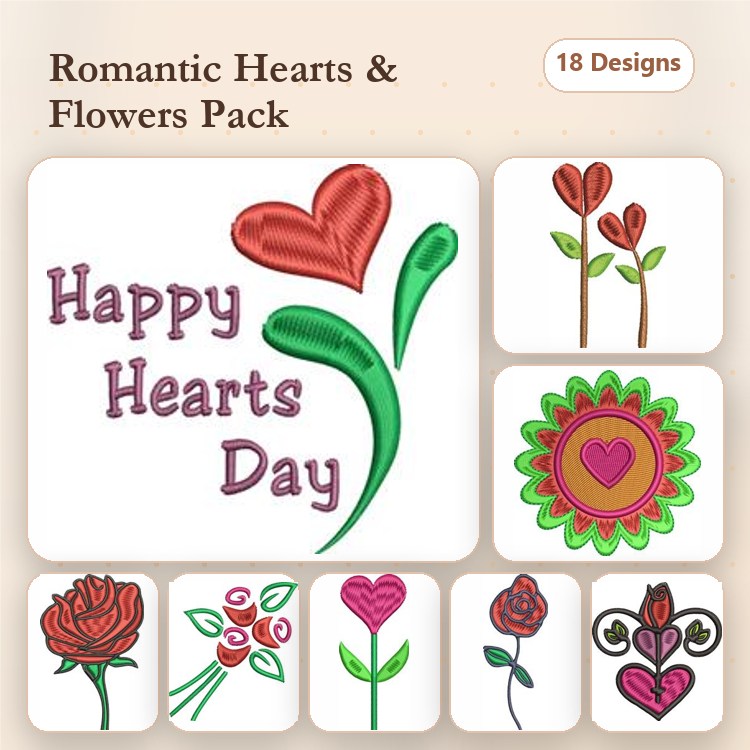 Romantic Hearts and Flowers Embroidery Designs Bundle – Happy Hearts Day, Floral Heart, Rose Bouquet & More (18 Designs)