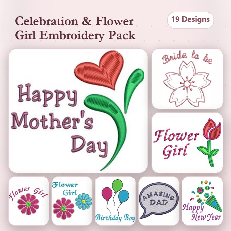 Celebration & Flower Girl Embroidery Designs Bundle – Happy Mother's Day, Flower Girl, Birthday Boy & More (19 Designs)