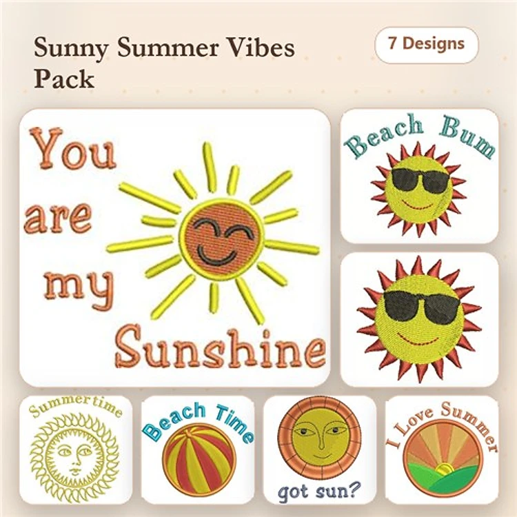 Sun & Summer Vibes Embroidery Designs Bundle – You Are My Sunshine, Beach Bum, I Love Summer & More (7 Designs)