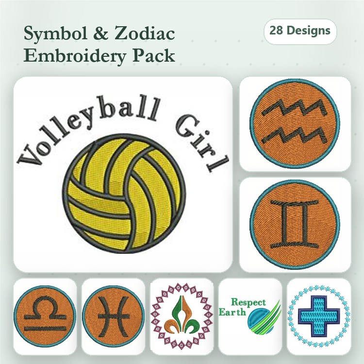 Symbol & Zodiac Embroidery Designs Bundle – Volleyball Girl, Aquarius, Pisces, Gemini & More (28 Designs)