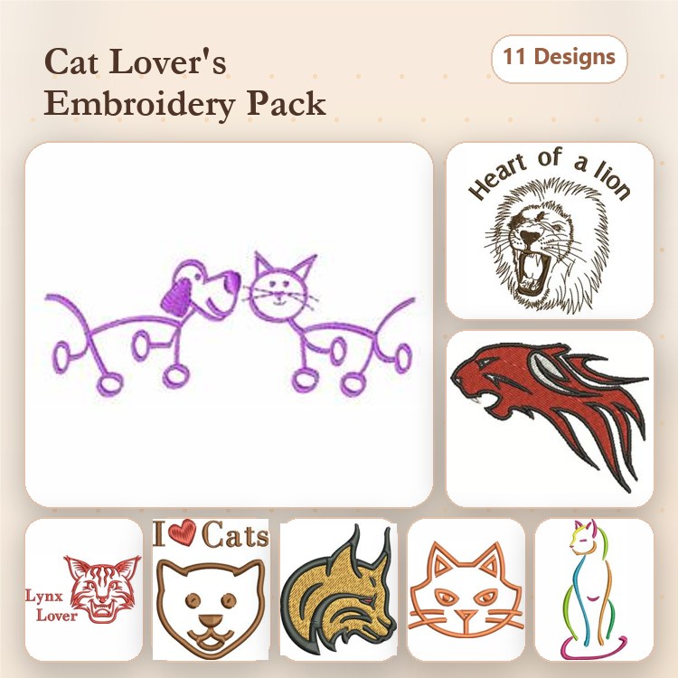 Cat Face Embroidery Bundle – Wildcat, Lion & More (11 Designs)
