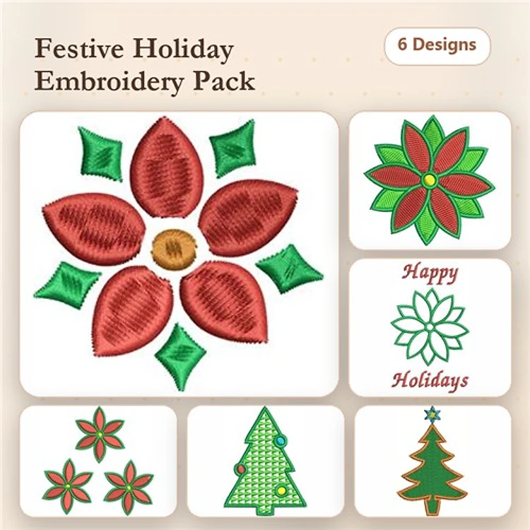 Festive Holiday Flowers & Christmas Trees Embroidery Designs Bundle – Flower with Red Petals, Holiday Star Flower, Christmas Tree with Pattern & More (6 Designs)