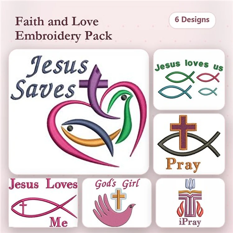 Faith & Love Embroidery Designs Bundle – Jesus Saves, Jesus Loves Us, Fish Symbol & More (6 Designs)