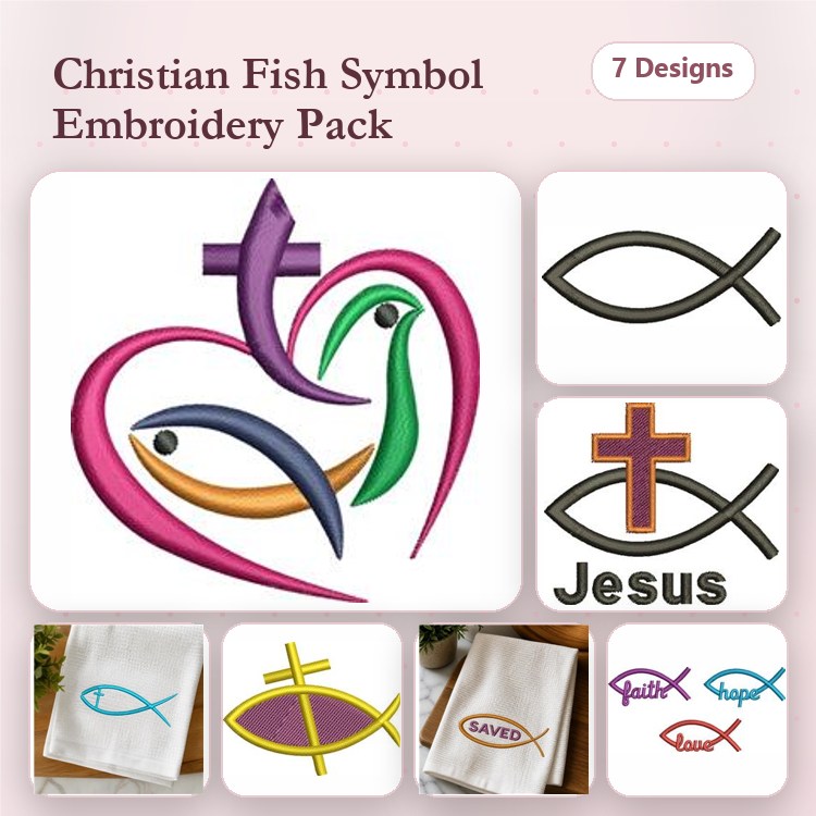 Christian Fish Symbols Embroidery Bundle – Heart, Cross, Jesus & More (7 Designs)