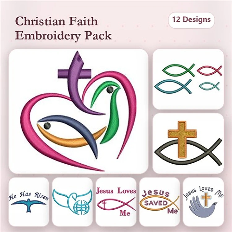 Christian Faith Embroidery Designs Bundle – Cross Symbol, Heart with Cross, Jesus Loves Me & More (12 Designs)