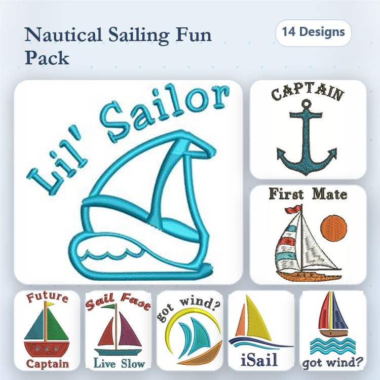 Nautical Sailing Embroidery Designs Bundle – Sailboat, Anchor, Captain & More (14 Designs)