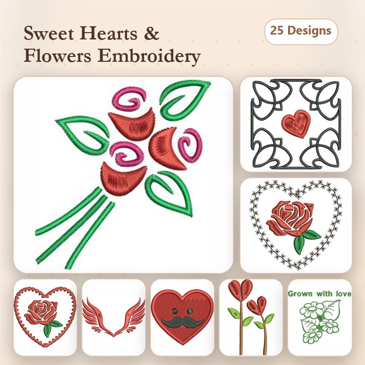 Hearts and Flowers Embroidery Designs Bundle – Heart Bouquet, Swirling Rose, Floral Heart & More (25 Designs)