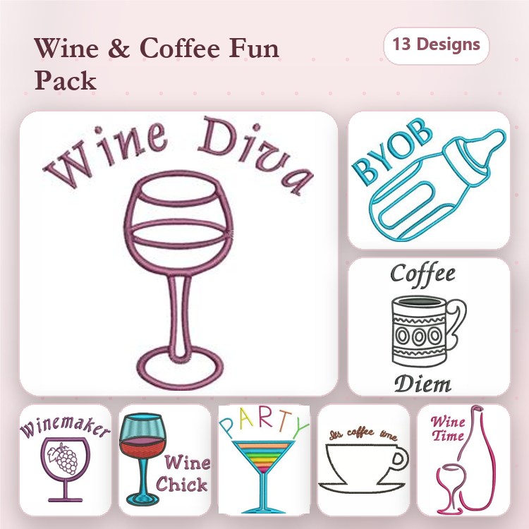 Wine & Coffee Embroidery Designs Bundle – Wine Diva, Wincemaker, Coffee Diem & More (13 Designs)