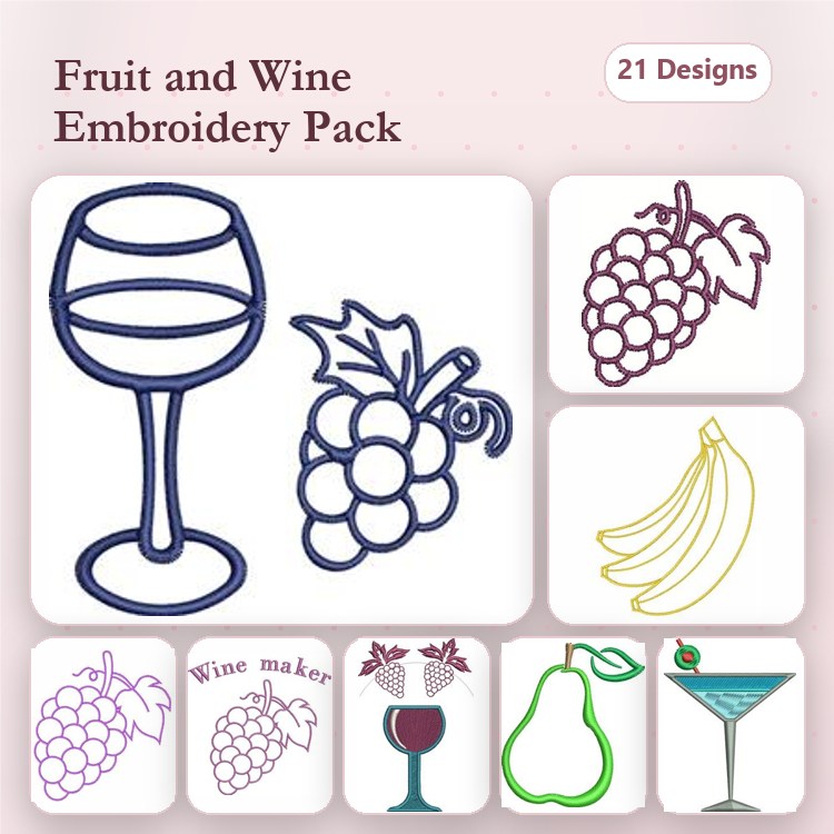 Redwork Fruit & Wine Embroidery Designs Bundle – Wine Glass, Grapes, Banana & More (21 Designs)