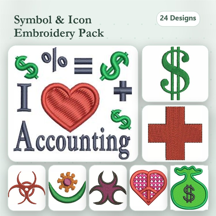 Accounting & Finance Symbols Embroidery Designs Bundle – Dollar Sign, Heart with I Love, Accounting Text & More (24 Designs)