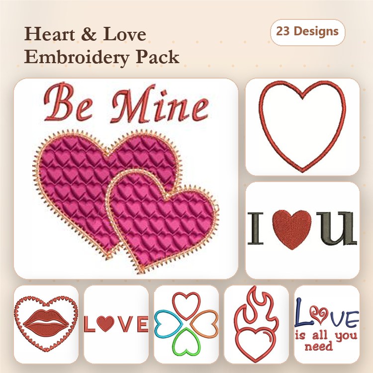 Hearts & Love Words Embroidery Designs Bundle – Be Mine Heart, I Love You, Heart Outline & More (23 Designs)