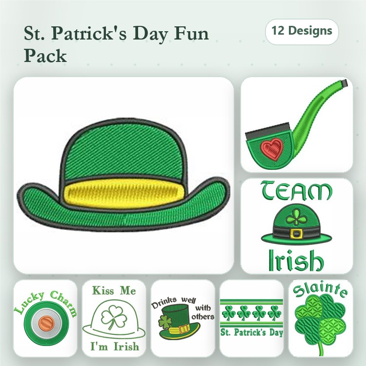 St. Patrick's Day Embroidery Designs Bundle – Green Hat, Pipe with Heart, Lucky Charm & More (12 Designs)