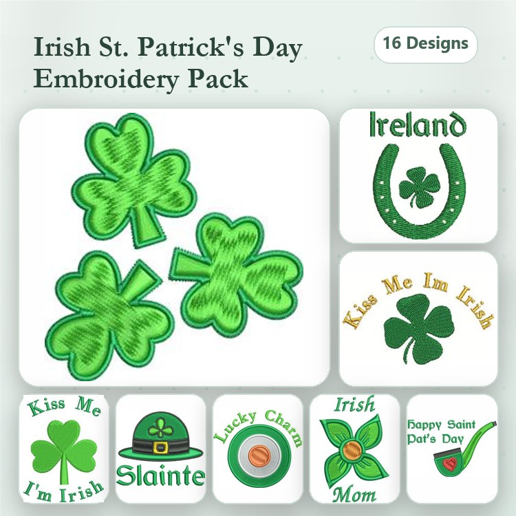 St. Patrick's Day Embroidery Designs Bundle – Shamrock Cluster, Lucky Charm, Kiss Me I'm Irish & More (16 Designs)