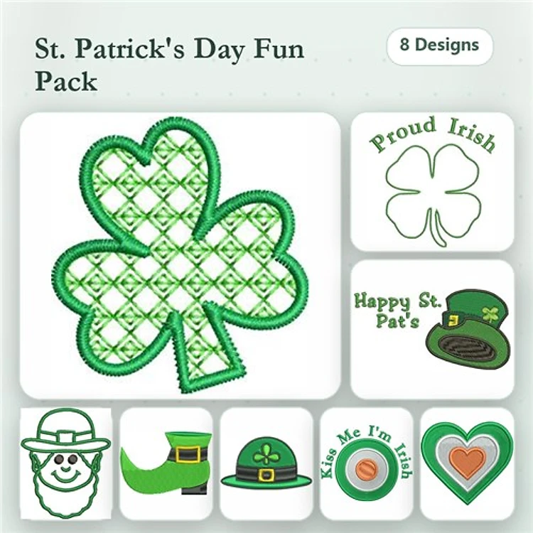 Shamrock & Leprechaun Embroidery Designs Bundle – Shamrock with Patterns, Proud Irish Text, Kiss Me I'm Irish & More (8 Designs)