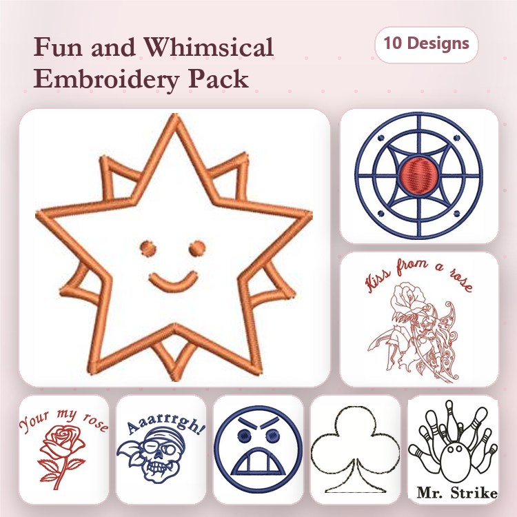 Redwork Fun & Whimsical Embroidery Designs Bundle – Smiling Sun, Spider Web, Rose & More (10 Designs)