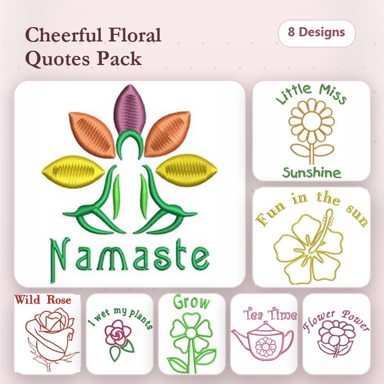 Floral and Quote Embroidery Designs Bundle – Namaste, Little Miss Sunshine, Fun in the Sun & More (8 Designs)