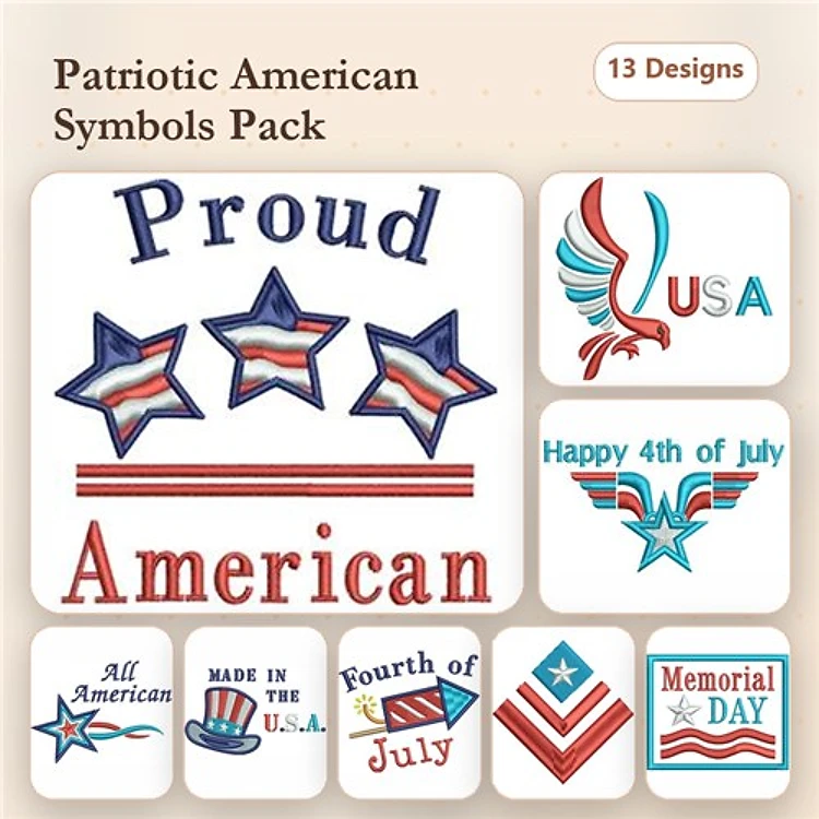 Patriotic American Symbols Embroidery Designs Bundle – Proud American, American Eagle, Liberty Bell & More (13 Designs)