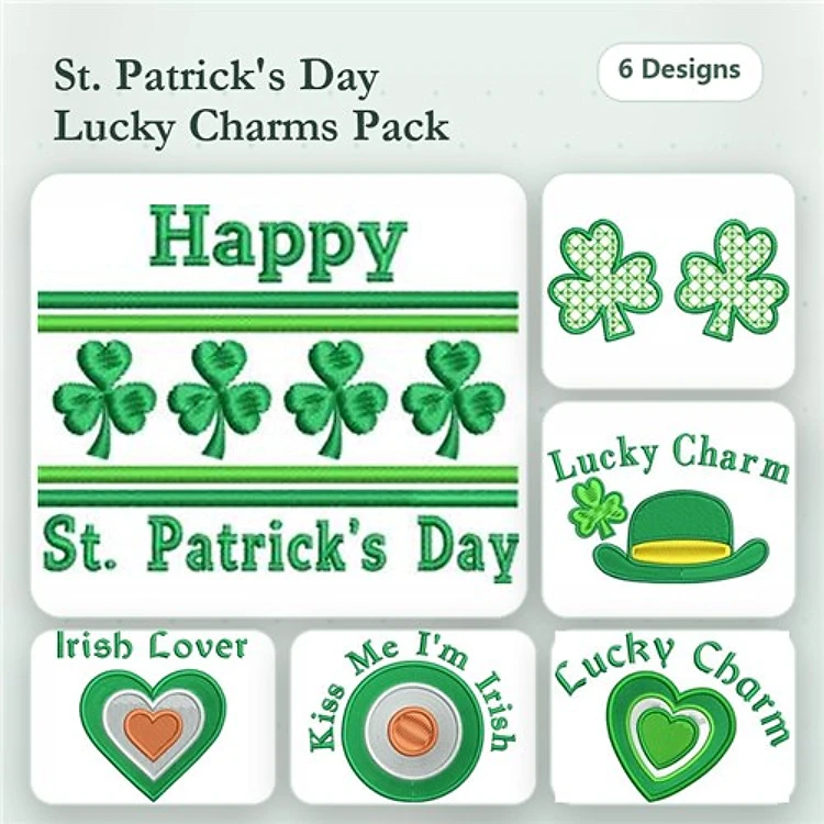 St. Patrick's Day Embroidery Designs Bundle – Shamrock Trio, Lucky Charm with Hat, Kiss Me I'm Irish & More (6 Designs)
