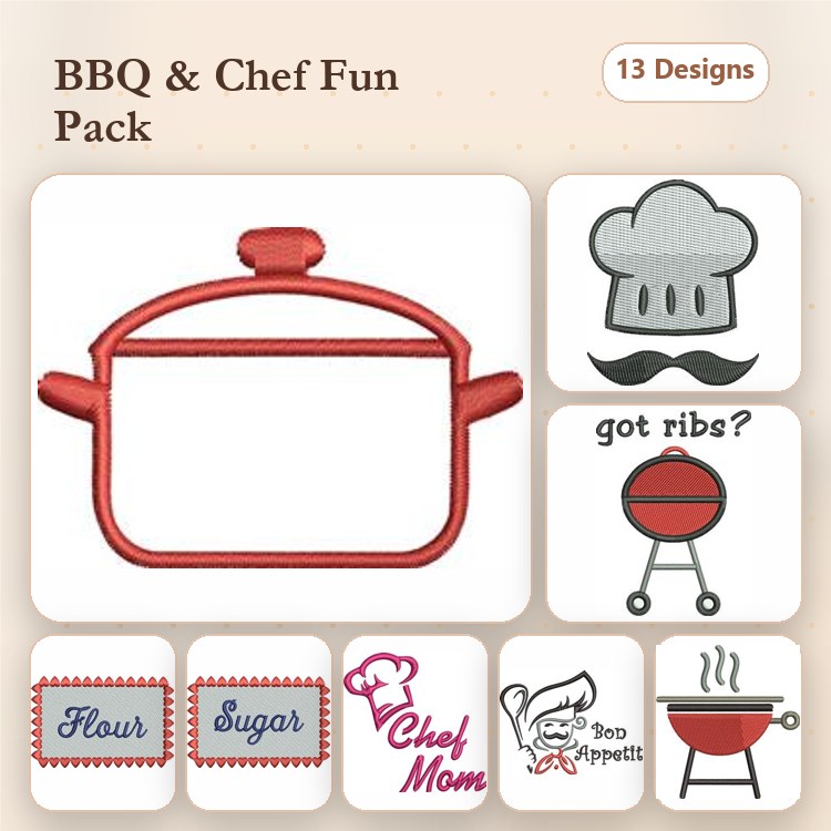 BBQ & Chef-Themed Embroidery Designs Bundle – Cooking Pot, Chef Hat, Grill & More (13 Designs)