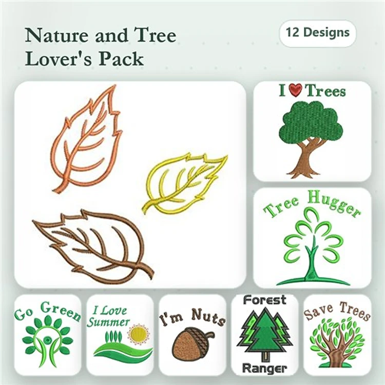 Nature & Tree Themes Embroidery Designs Bundle – Leaf Design, I Love Trees, Go Green & More (12 Designs)