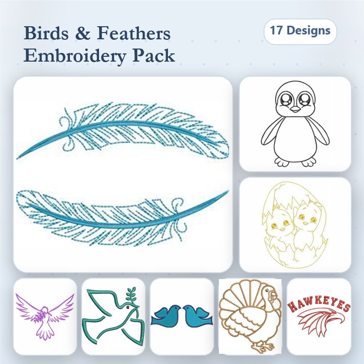 Birds & Feathers Embroidery Designs Bundle – Penguin, Turkey, Chick Family & More (17 Designs)