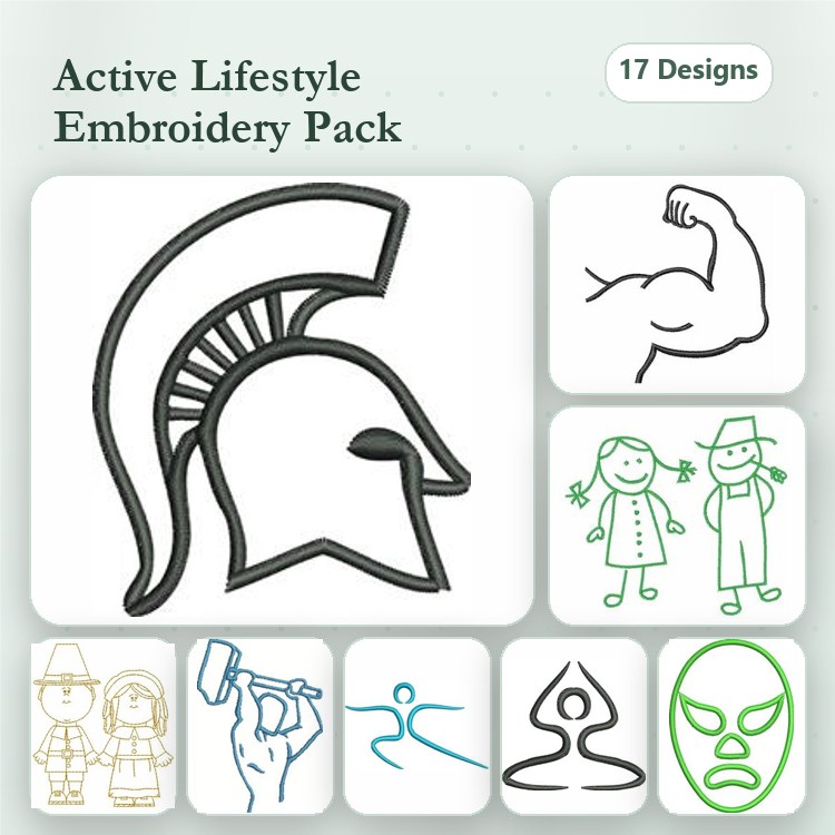 Active Lifestyle Embroidery Designs Bundle – Spartan Helmet, Muscle Arm, Stick Figure Kids & More (17 Designs)