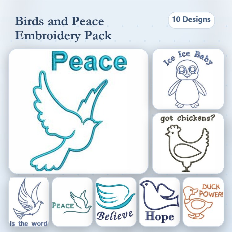 Birds and Peace Embroidery Designs Bundle – Flying Dove, Ice Ice Baby Penguin, Chickens in a Barn & More (10 Designs)