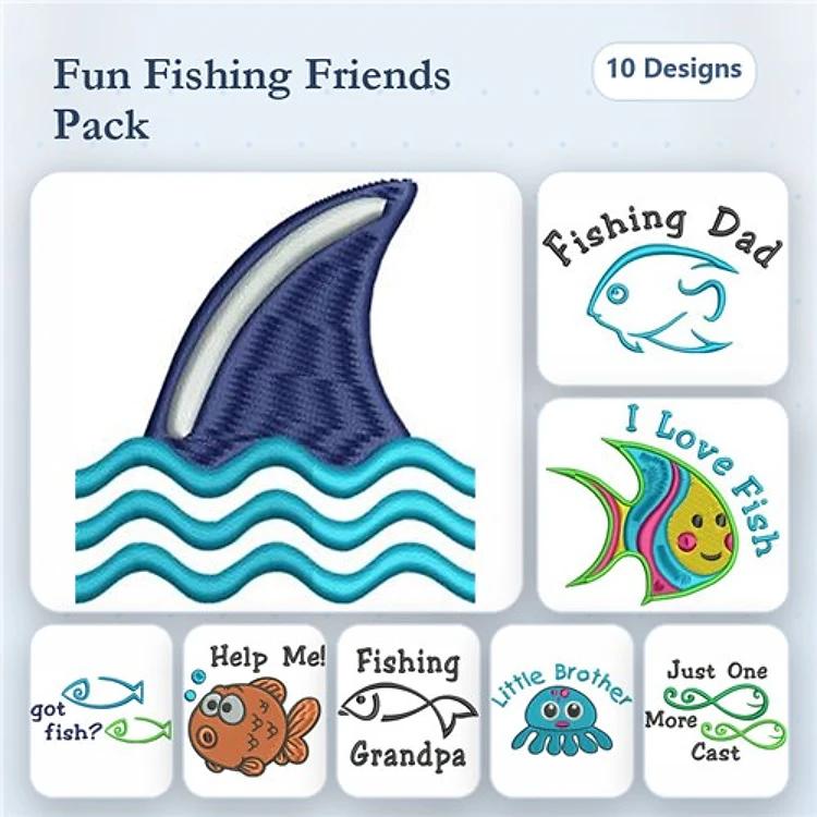Fishing Themed Embroidery Designs Bundle – Shark Fin, Fishing Dad, I Love Fish & More (10 Designs)