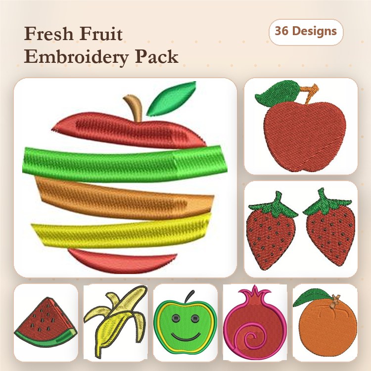 Fresh Fruit Embroidery Designs Bundle – Apple, Strawberry Pair, Watermelon & More (36 Designs)