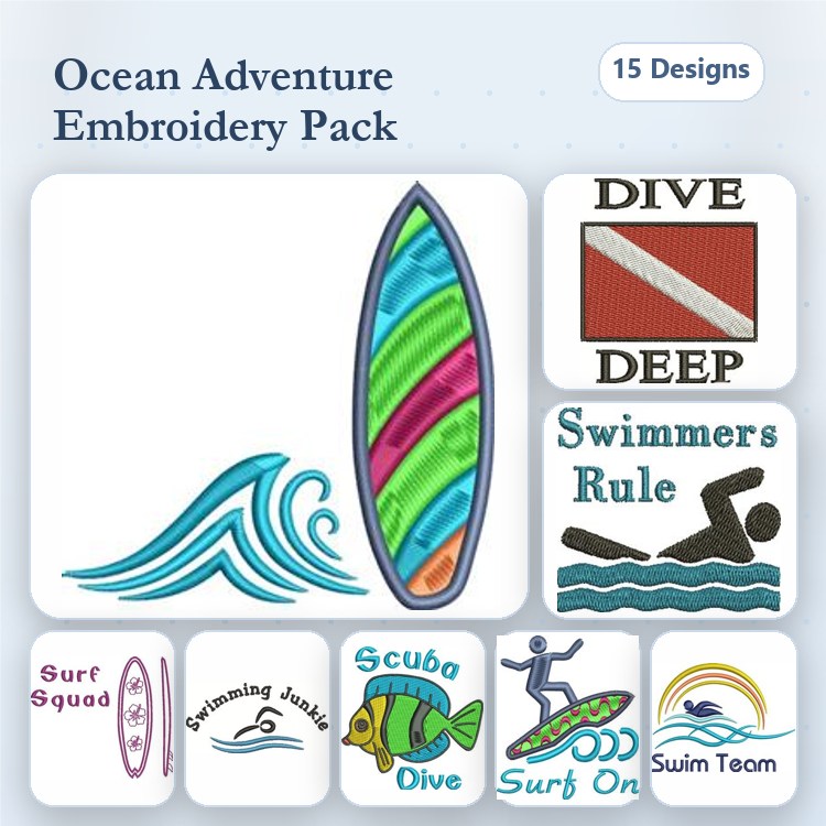 Ocean Adventure Embroidery Designs Bundle – Surfboard, Diving Flag, Swimmers Rule & More (15 Designs)