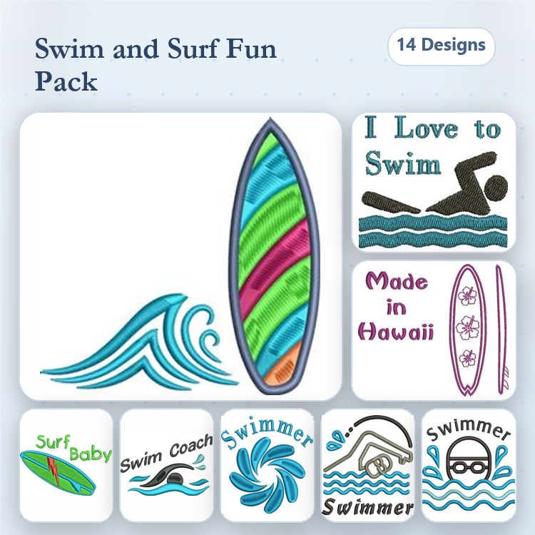 Swimming & Surfing Embroidery Designs Bundle – Surfboard, Surf Waves, I Love to Swim & More (14 Designs)